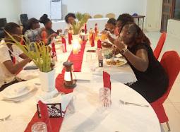 Family dinner around a long table