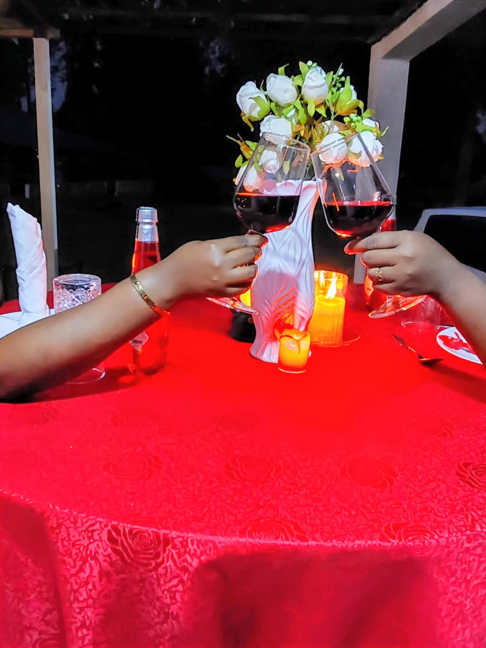 Couple toasting wine at a candle-lit dinner