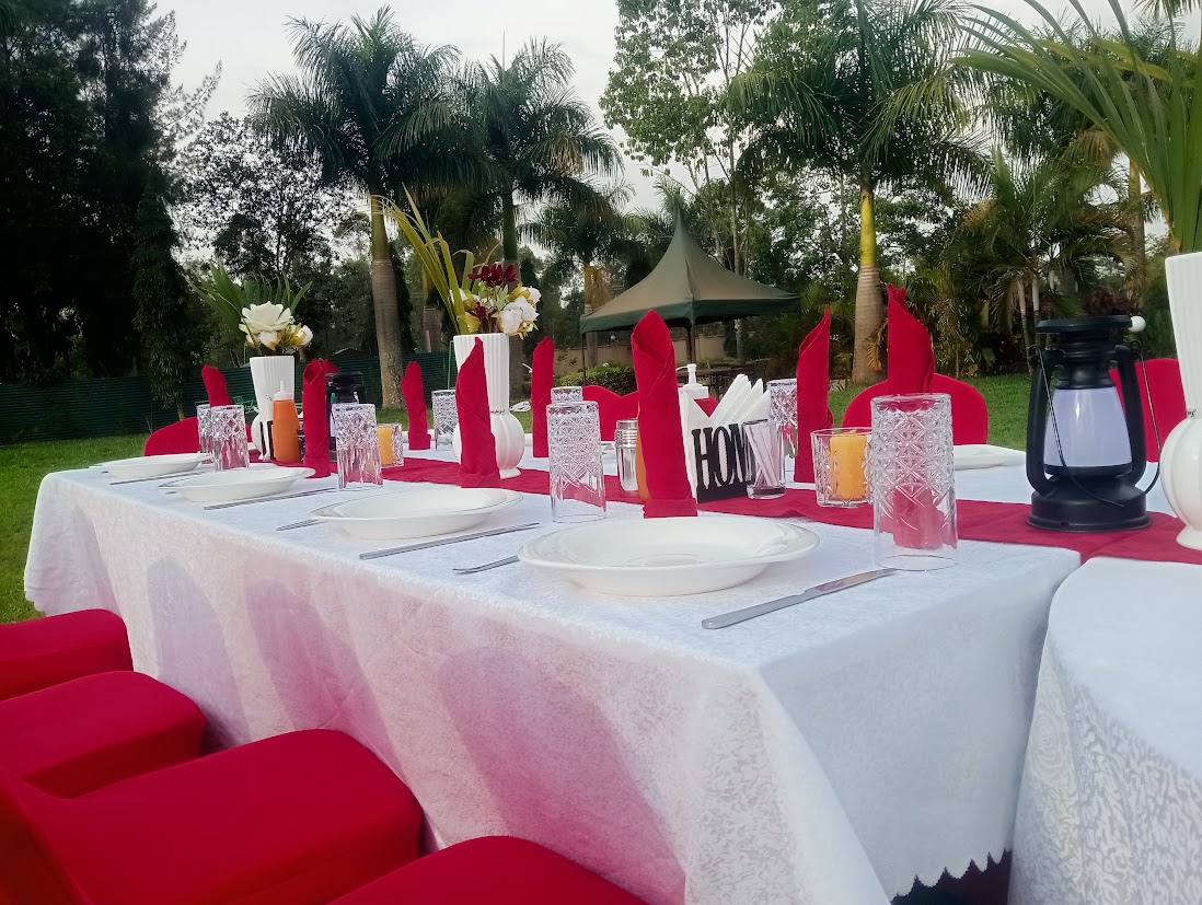 Elegant garden dinner setup with red napkins
